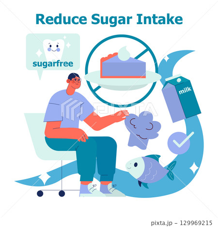 Vector illustration of a person learning about reducing sugar intake. Includes elements like a sugar-free symbol, milk, fish, and vegetables to promote healthy diet choices. 129969215