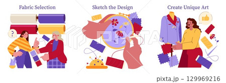 Fashion design vector illustration showing fabric selection, sketching designs, and creating unique art. Highlights creative steps in crafting clothing with expressive emotions and style. 129969216