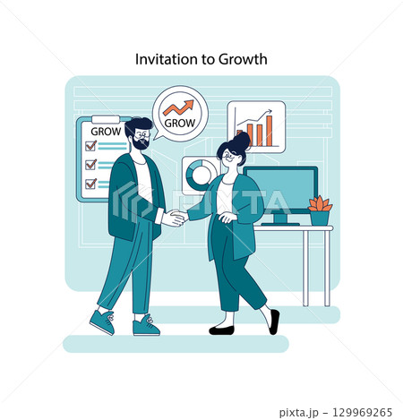 Vector illustration of two business professionals shaking hands, symbolizing an invitation to growth and partnership. Includes charts, graphs, and digital workspace elements. Vector illustration of two business professionals shaking hands, symbolizing an invitation to growth and partnership. Includes charts, graphs, and digital workspace elements. 129969265