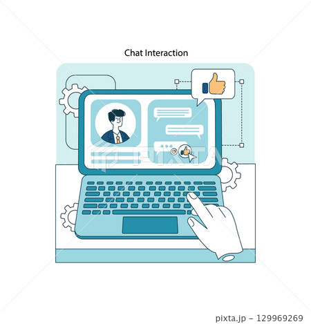 Vector illustration of a hand interacting with a laptop displaying a chat interface. The screen shows a profile, conversation bubbles, and a thumbs-up icon. 129969269