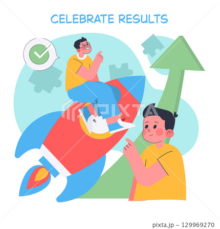 Vector illustration depicting a joyful celebration of success. One person gleefully rides a rocket while another looks on, highlighting teamwork and achievement. The mood is optimistic and Vector illustration depicting a joyful celebration of success. One person gleefully rides a rocket while another looks on, highlighting teamwork and achievement. The mood is optimistic and 129969270