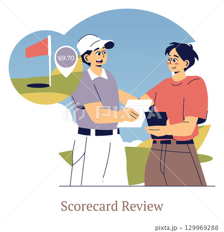 Two golfers reviewing a scorecard with a golf course in the background. The illustration captures the moment of score evaluation, with expressions of concentration and friendliness. 129969288