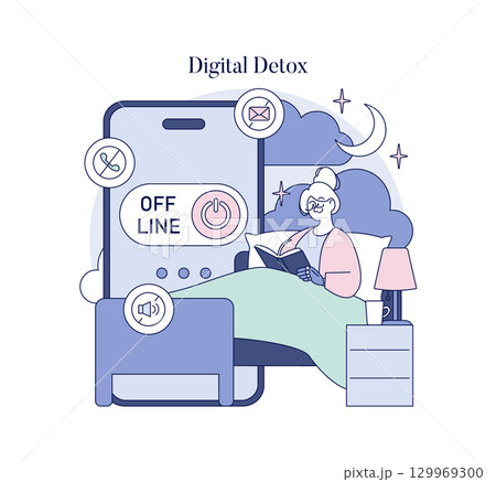 Vector illustration showing a person enjoying a digital detox by reading a book in bed. The large phone with an "offline" sign emphasizes the concept of unplugging at night. 129969300