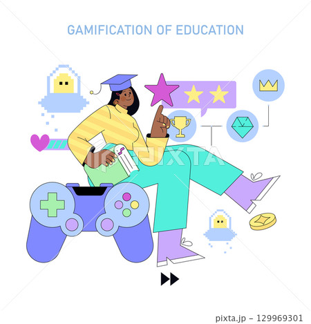 Vector illustration highlights gamification in education featuring a person with a graduation cap, instructional book, surrounded by gaming icons like a joystick, star, and trophy. Vector illustration highlights gamification in education featuring a person with a graduation cap, instructional book, surrounded by gaming icons like a joystick, star, and trophy. 129969301