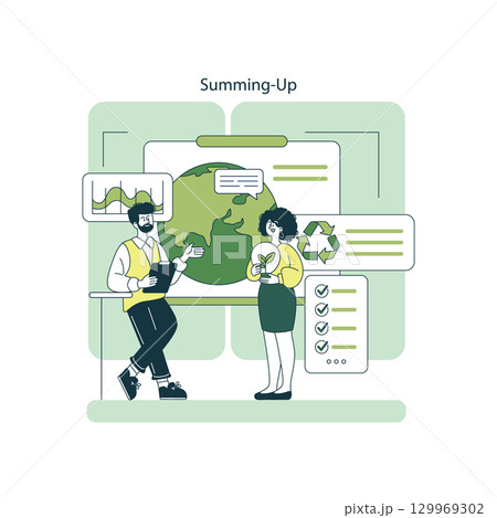Vector illustration of two people engaged in a discussion about sustainability. They stand in front of a globe with charts and icons, focusing on environmental topics and recycling. 129969302