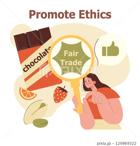 Vector illustration depicting a person promoting fair trade ethics with chocolate. Includes a magnifying glass highlighting fair trade, chocolate bar, fruits, and a thumbs up symbol. Vector illustration depicting a person promoting fair trade ethics with chocolate. Includes a magnifying glass highlighting fair trade, chocolate bar, fruits, and a thumbs up symbol. 129969322