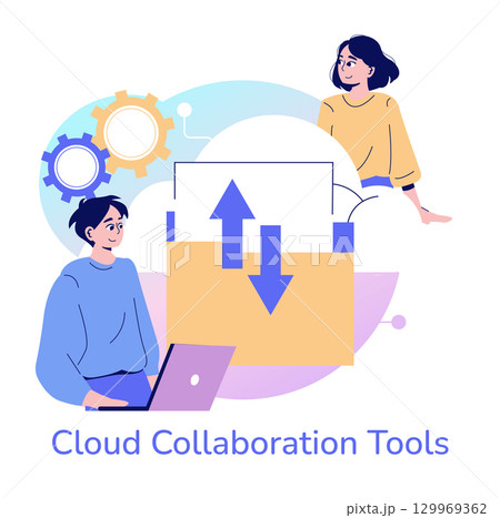 Two smiling individuals interact with cloud collaboration tools, symbolized by digital uploads and downloads. This vector illustration emphasizes teamwork and innovative technology. Two smiling individuals interact with cloud collaboration tools, symbolized by digital uploads and downloads. This vector illustration emphasizes teamwork and innovative technology. 129969362