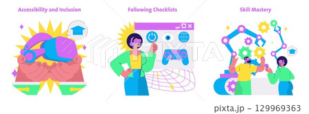 Vector illustration showcasing inclusive education and skill development. Highlights include hands holding VR tools, a person following a checklist, and collaboration with robotic skills. 129969363