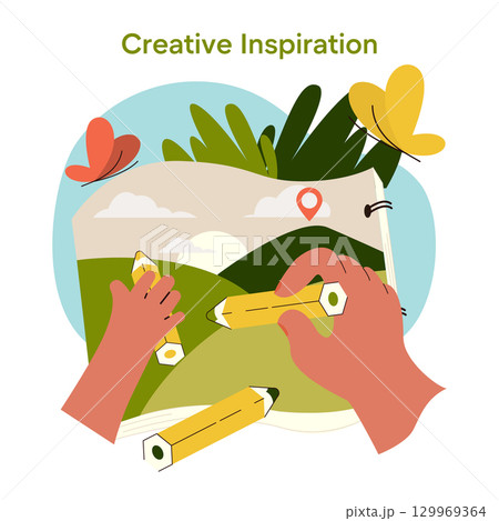 Vector illustration of hands drawing with pencils on a nature-themed sketchbook. Butterflies and leaves surround the scene, emphasizing creativity and inspiration from nature. Vector illustration of hands drawing with pencils on a nature-themed sketchbook. Butterflies and leaves surround the scene, emphasizing creativity and inspiration from nature. 129969364
