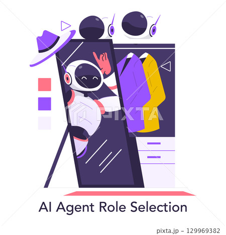Vector illustration of an AI robot in front of a mirror playfully selecting its outfit. The robot's joyful expression highlights the blend of technology and fashion in a futuristic setting. Vector illustration of an AI robot in front of a mirror playfully selecting its outfit. The robot's joyful expression highlights the blend of technology and fashion in a futuristic setting. 129969382