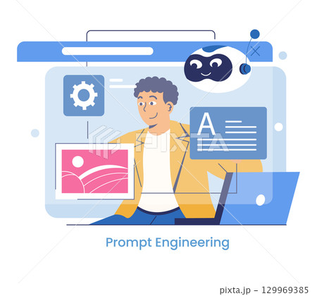 Vector illustration of a person using a laptop in a digital space with an AI robot. The person appears engaged in work related to prompt engineering and technology interaction. 129969385