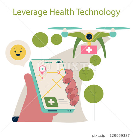 Vector illustration of a drone delivering medical supplies, with a mobile device showing a health app. Highlights the integration of technology in healthcare solutions. Vector illustration of a drone delivering medical supplies, with a mobile device showing a health app. Highlights the integration of technology in healthcare solutions. 129969387