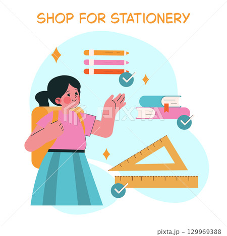 Vector illustration of a girl choosing stationery items with checked symbols. Includes pencils, books, and a ruler. Perfect for educational or back-to-school themes. 129969388