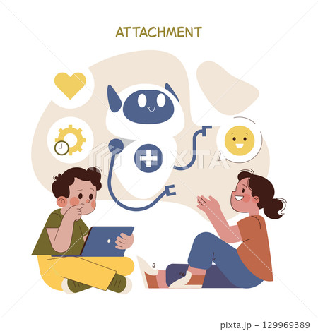 Vector illustration of a friendly robot engaging with two joyful kids, showing emotions of curiosity and happiness. The boy is holding a tablet, adding a digital learning element. Vector illustration of a friendly robot engaging with two joyful kids, showing emotions of curiosity and happiness. The boy is holding a tablet, adding a digital learning element. 129969389