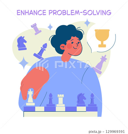 Cartoon illustration depicting a person joyfully engaged in a chess game, surrounded by chess pieces, highlighting concepts of strategy, intelligence, and problem-solving. 129969391
