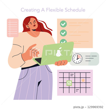 "Vector illustration of a woman organizing a flexible work schedule with digital tools and calendar icons." 129969392