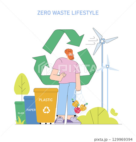 Vector illustration depicting a person engaged in sustainable living by using recycling bins for glass, paper, and plastic next to a wind turbine, promoting zero waste lifestyle concepts. 129969394