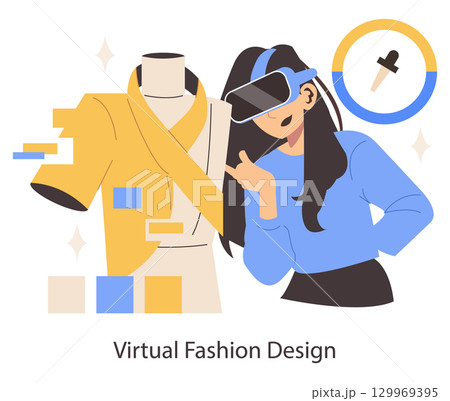 Vector illustration depicting a person using a VR headset for designing fashion on a mannequin. The image highlights the integration of technology in modern fashion design. 129969395