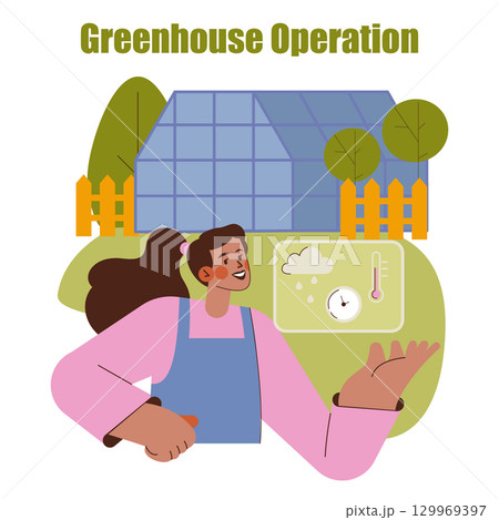 Horticulture concept. Greenhouse operation featuring a gardener managing plant growth in a climate-controlled environment using weather, humidity, and temperature monitoring tools. Vector illustration Horticulture concept. Greenhouse operation featuring a gardener managing plant growth in a climate-controlled environment using weather, humidity, and temperature monitoring tools. Vector illustration 129969397