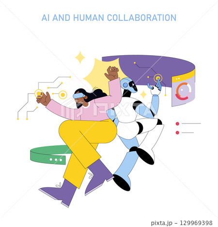 Vector illustration of a human and a robot dancing together, highlighting AI and human collaboration. The scene features joyful expressions and technological elements. 129969398