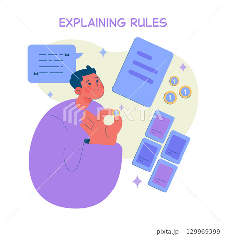 Vector illustration depicting a man explaining rules with visual aids, including cards, documents, and text bubbles. Suitable for concepts of guidance, organization, and learning tools. 129969399