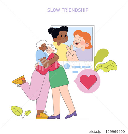 Vibrant vector illustration of friends sharing a joyful embrace with an online connection in the background. Promotes friendship, diversity, and digital communication in a colorful style. 129969400