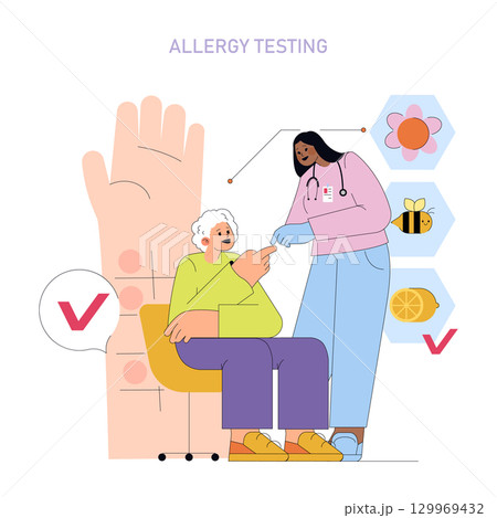Vector illustration showing a patient undergoing an allergy test. A healthcare professional performs the test, examining reactions to different allergens, highlighting healthcare interaction. Vector illustration showing a patient undergoing an allergy test. A healthcare professional performs the test, examining reactions to different allergens, highlighting healthcare interaction. 129969432