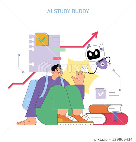 Enthusiastic student high-fives an AI robot, symbolizing collaboration in learning. Books and diagrams in the background highlight educational success. Vector illustration. Enthusiastic student high-fives an AI robot, symbolizing collaboration in learning. Books and diagrams in the background highlight educational success. Vector illustration. 129969434