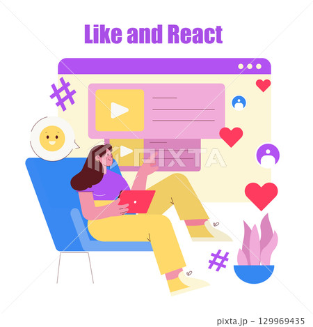 Woman sitting with a digital tablet, interacting with a social media platform on a large screen displaying video icons and reaction symbols. Colorful vector illustration emphasizing digital Woman sitting with a digital tablet, interacting with a social media platform on a large screen displaying video icons and reaction symbols. Colorful vector illustration emphasizing digital 129969435