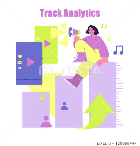 Vector illustration featuring a person with a megaphone analyzing data on charts and social media icons. The image emphasizes analytics, digital media, and trend tracking in a colorful style. 129969447