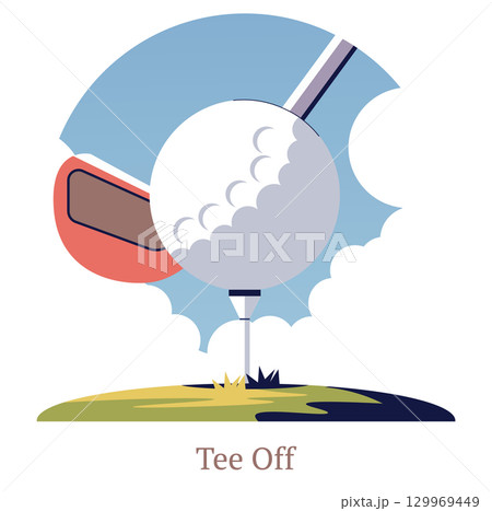 Vector illustration featuring a golf ball positioned on a tee with a club poised to strike. A dynamic composition perfect for golf-themed designs or sports-related content. Vector illustration featuring a golf ball positioned on a tee with a club poised to strike. A dynamic composition perfect for golf-themed designs or sports-related content. 129969449