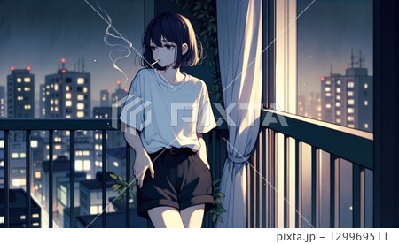 タバコを吸う女性 129969511