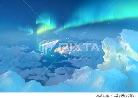 流氷とオーロラと紙飛行機（アニメ調） 129969589