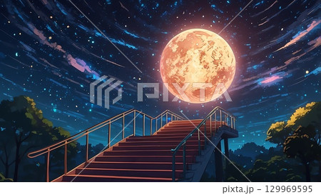 ゲーム背景　夜空に輝く満月と星空の下の展望台がある風景 129969595