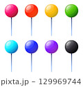 A vector illustration featuring a set of five glossy push pin icons in vibrant colors pink, purple, orange, red, and white. These round-headed pins have a reflective surface and a thin metal needle 129969744