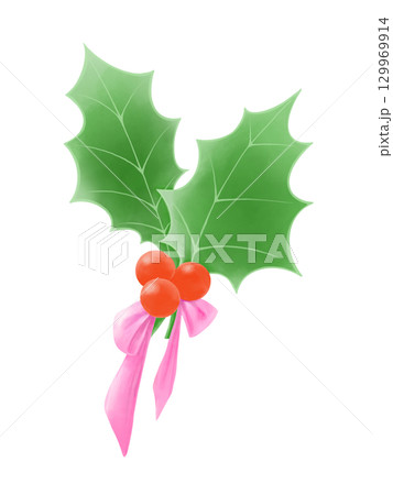 ピンク色のリボンがついたヒイラギの水彩イラスト ピンク色のリボンがついたヒイラギの水彩イラスト 129969914