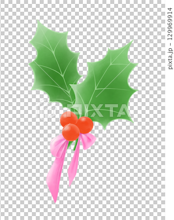 ピンク色のリボンがついたヒイラギの水彩イラスト ピンク色のリボンがついたヒイラギの水彩イラスト 129969914