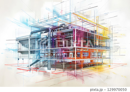 カラフルな線とディテールのオフィスビルの建築図面 129970050