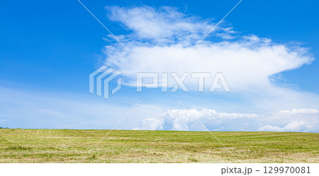 北海道美瑛町の爽やかな青空とクリーンな大地のイメージ風景 129970081
