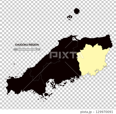 Map of Japan Chugoku Region Okayama Prefecture with prefectural borders 03 129970091