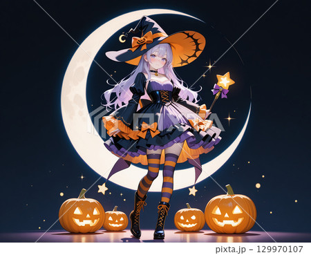 可愛い魔女とジャックオランタンのハロウィンイラスト 129970107