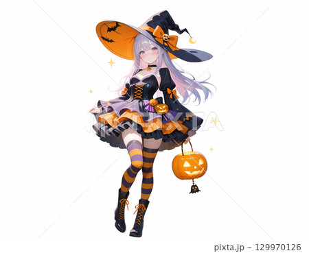 可愛い魔女とジャックオランタンのハロウィンイラスト 129970126