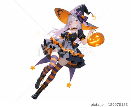 可愛い魔女とジャックオランタンのハロウィンイラスト 可愛い魔女とジャックオランタンのハロウィンイラスト 129970128