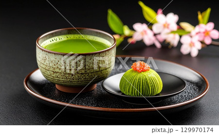 抹茶と桜と和菓子のアップ 抹茶と桜と和菓子のアップ 129970174