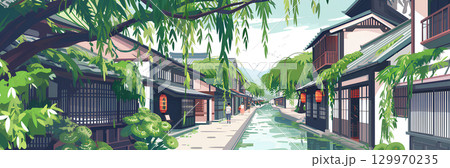 水路のある古い町並みの観光地 129970235