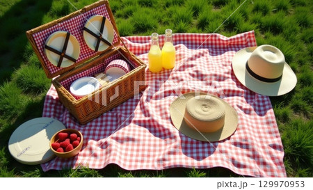 Summer Picnic Blanket Setup with Basket and Food Awaiting Guests 129970953