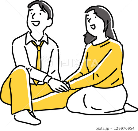 手を取り合って笑顔の男女 129970954