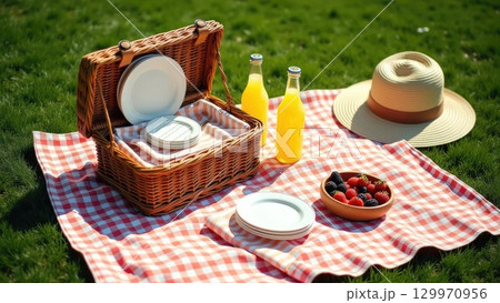 Summer Picnic Blanket Setup with Basket and Food Awaiting Guests 129970956
