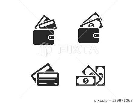 Set of credit cards and wallet with money icon stock illustration 129971068