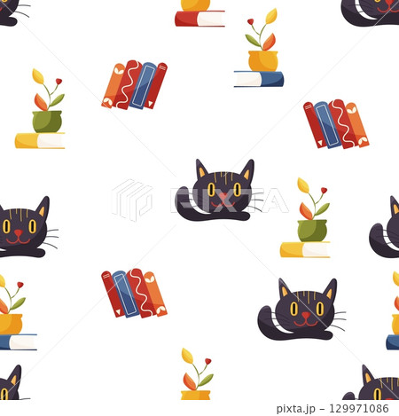 Seamless pattern with cat and books on white 129971086